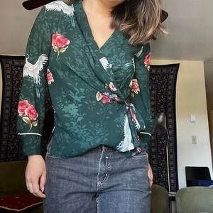 Green wrap long sleeve floralblouse top y2k 2000s v neck flowy boho